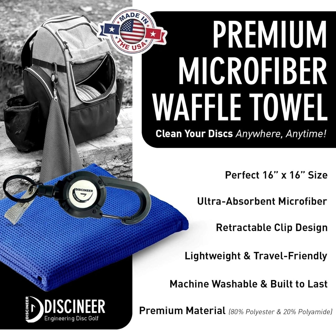 Premium Retractable Waffle Towel & Carabiner - 16" x 16" Discineer